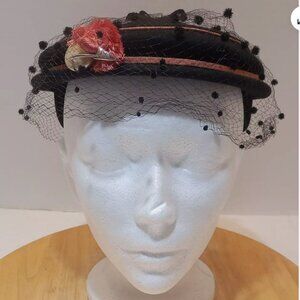 Vintage Marche' Exclusive Hat, Black w/Pink Trim & Silver Embellishment, Netting
